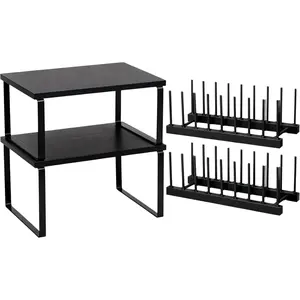 4 Pcs Kitchen Organizer Accessories Set Cabinet Organizer Shelf and Bamboo Dish Drying Plate Rack Counter Shelves Storage Holder for Spice Rack, Dish, Pot Lid, Bowl, Cup (Black)