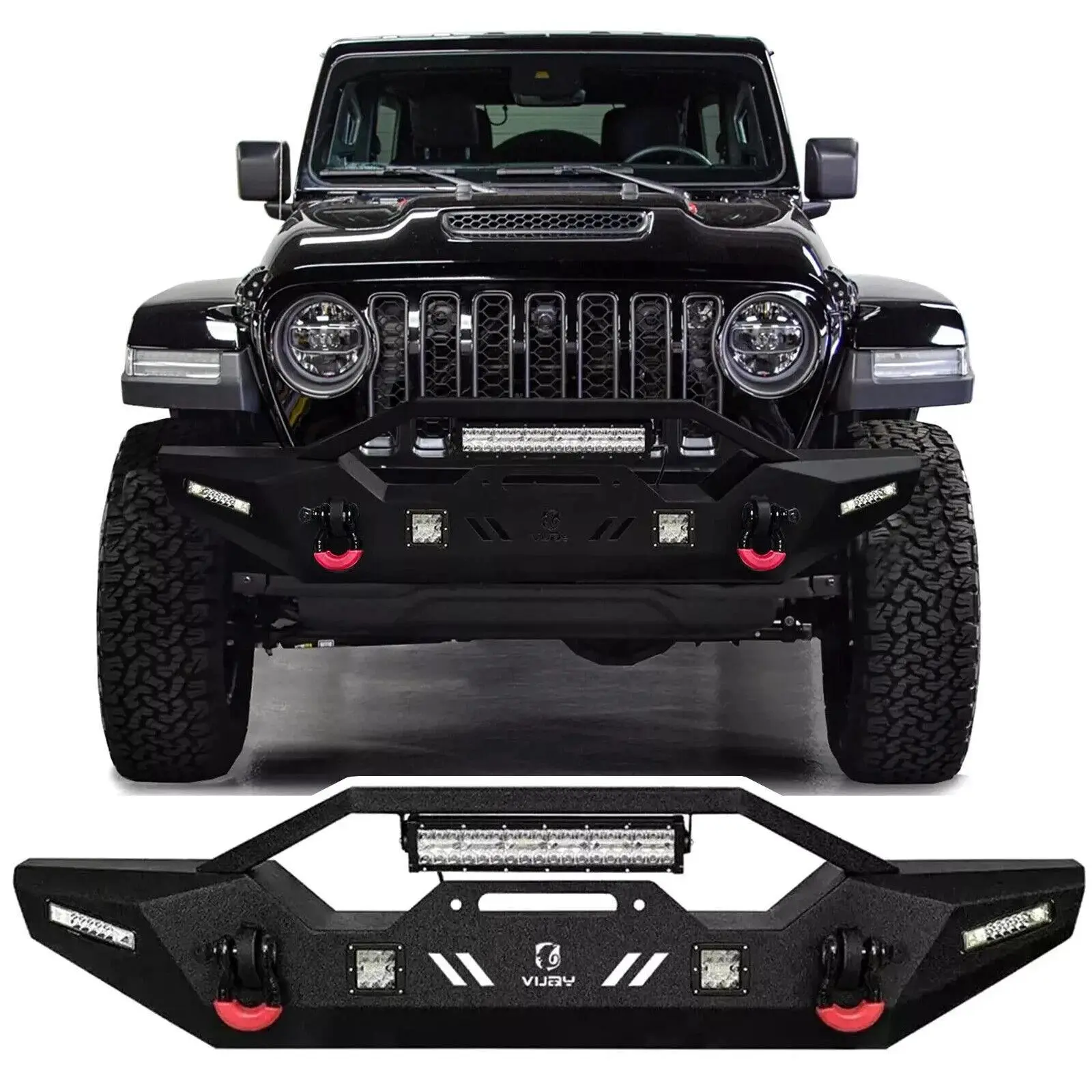 Vijay For 2007-2024 Jeep Wrangler JK/JL/JT Black Front Bumper w/Winch Plate