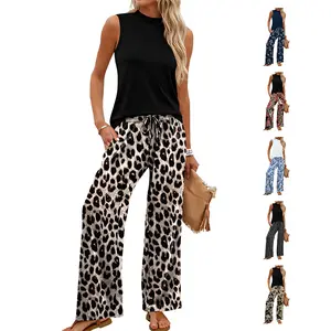 OFEEFAN Two Piece Set for Women Summer Spring Outfits Cruise Travel Airport Beach Vacation Mock Neck Wide Leg Pants Set