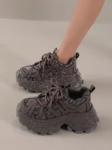 New Dad Shoes Breathable Mesh Thick Sole Casual Sneakers for Women, Textile Upper Rubber Sole, Plain Pattern, All Seasons