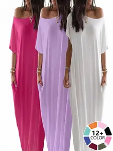 European and American Foreign Trade Cross-Border TK Hot-Selling Summer New Women's Solid Color Short-Sleeve Long Casual Dress, Womenswear Lady