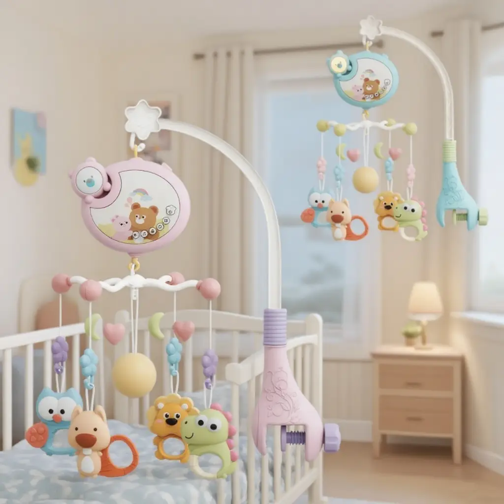 Crib Mobile with Music and Lights, Baby Mobiles for Cribs, Nursery Musical Mobile for Bassinets Toys Hanging Girls Boys, Pack and Play Space Portable