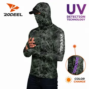 【FathersDayGift】RODEEL 934 Sun Hoodie Shirt w/ UV Detection Logo Mask Neck Gaiter Thumbhole Men UPF 100+ Sun Protection Long Sleeve Lightweight Quick Dry Moisture Wicking Breathable Athletic Activewear for Outdoor Fishing Boating Construction SummerWins