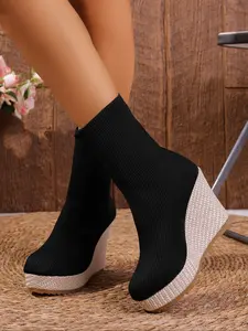 New Knitted Sock Boots for Women, Thick Sole Wedge Heel Elastic Short Boots, Height Increasing Slimming Casual Boots, Casual Ankle Boots, All Seasons