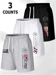 Men's Loose Knit Shorts 3 Pack, Side Pocket Design, Fashion American Flag Print, Comfortable and Practical, Casual Wear, All-Day Use, Activewear, Sportswear, Drawstring Shorts, American Style Shorts, Athletic Casual Shorts