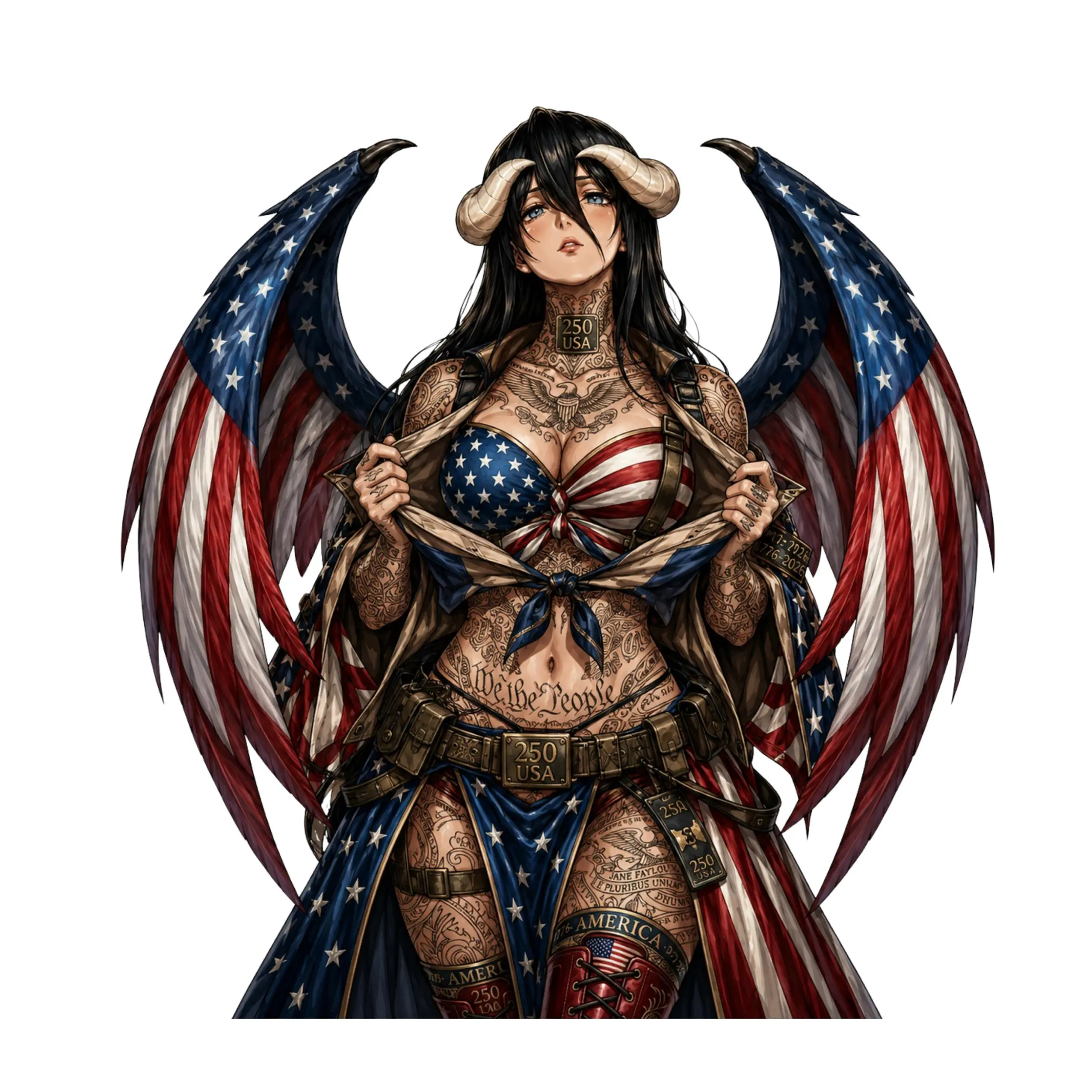 Albedo Waifu Tactical Sticker, America 250 Patriotic Fantasy Decal, Overlord Waifu USA Flag Wings Vinyl Sticker