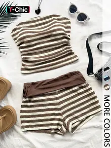 Cute striped 2-piece set Women ， Smocked Cropped tube top + shorts — perfect for summer outings Outfits