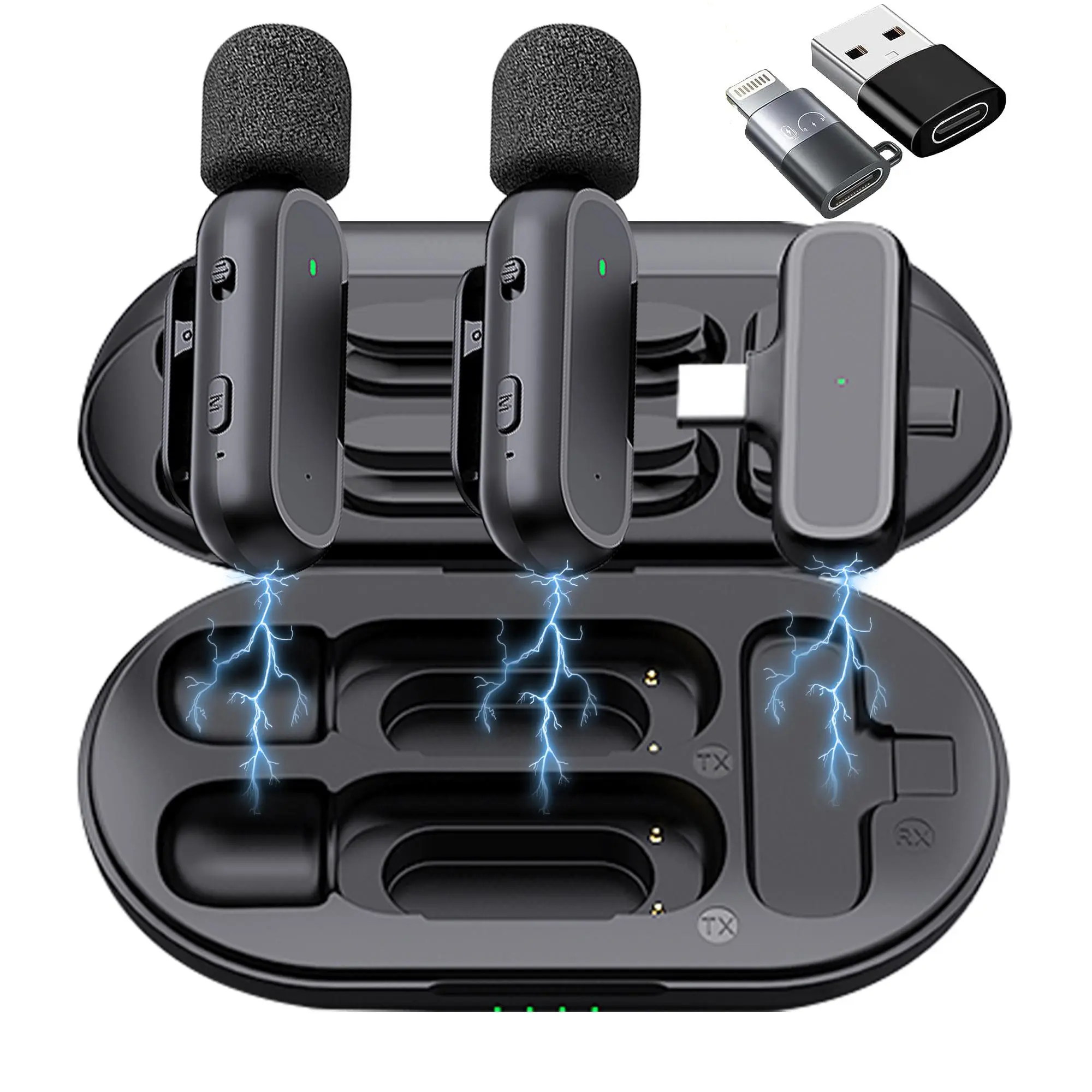 2-Pack Professional Rechargeable Wireless Lavalier Microphone Kit with Charging Case, Lightning Adapter, Wireless Mic Receiver, Noise Reduction, Plug-and-Play Clip-On Lapel Mic for iPhone, iPad, Video Recording, Smartphone, Stereo, Iphone 16 Pro Max