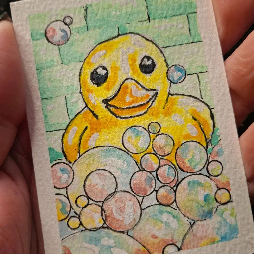 Original ACEO  - Rubber Ducky Bath - Watercolors on Paper & Acrylic Pen - 2.5"x3.5" - Mini Painting