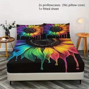 Sunflower Pattern Bed Sheet Set, Soft and Breathable, Suitable for Bedroom, Guest Room, Dormitory, All Seasons Use, 1 Fitted Sheet + 2 Pillowcases