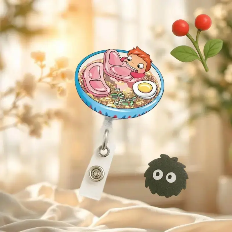 Cute Ponyo Ramen Bowl Badge Reel, Cute Anime Meat Lover ID Clip, Kawaii Food Badge for Nurses, Teachers, and Anime Fans