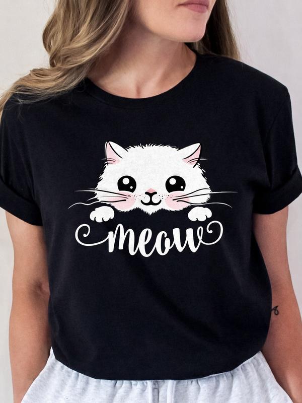 Meow Cat Graphic T Shirt for Cat Lovers, Cute Minimal Cat Face Design Tee, Funny Aesthetic Shirt for Cat Moms Cat Dads Daily Wear, Perfect Gift for Cat Parents