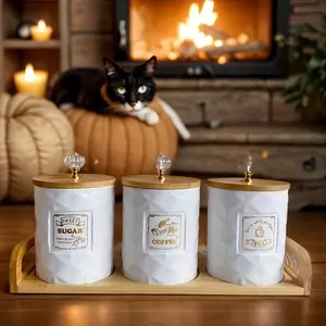 Set of 3 Marble Ceramic Sealed Jars, Containers, Nordic Style, Wooden Base, Moisture Proof, Tea Coffee Storage, Kitchen Organizer, Party Essentials