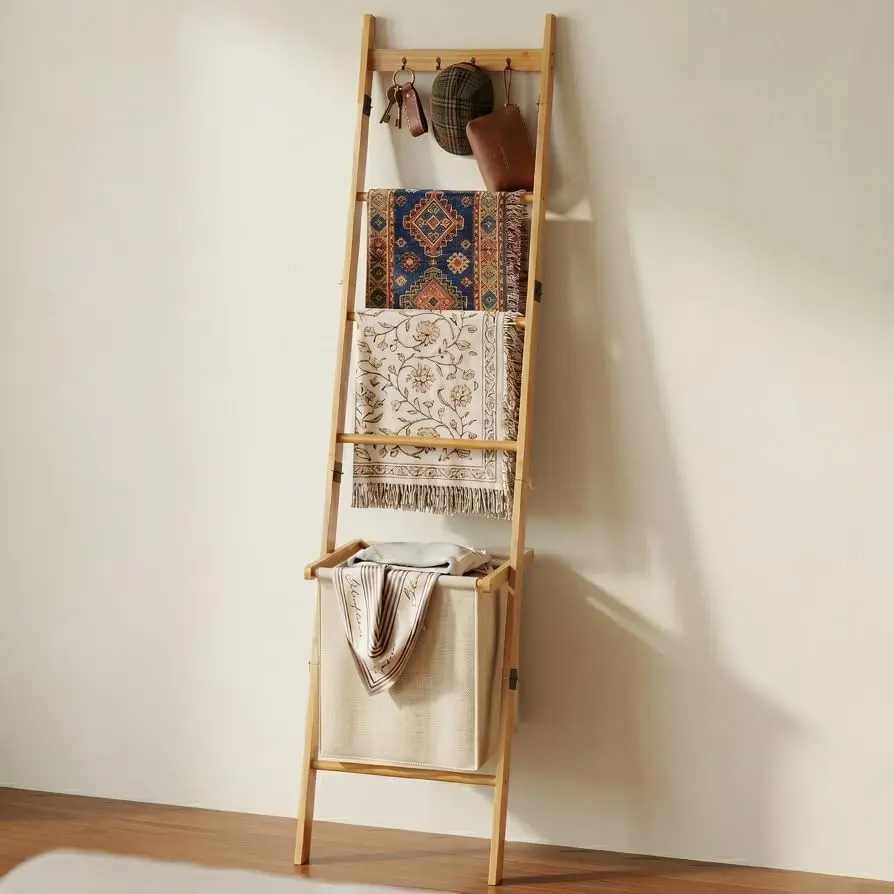 BAMBANG Bamboo Blanket Ladder with Basket, 5-Tier Quilt Rack Stand with 4 Hooks & Storage Hamper for Living Room Bathroom, Wall Leaning Decorative Ladder Shelf for Blankets Display (Natural)