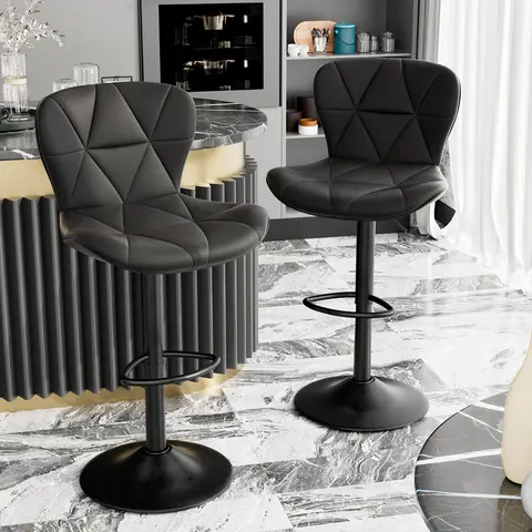 Modern Bar Stools, Adjustable Faux Leather Upholstered Swivel Bar Stools, Counter Height Bar Chairs with Back for Kitchen Island, Black