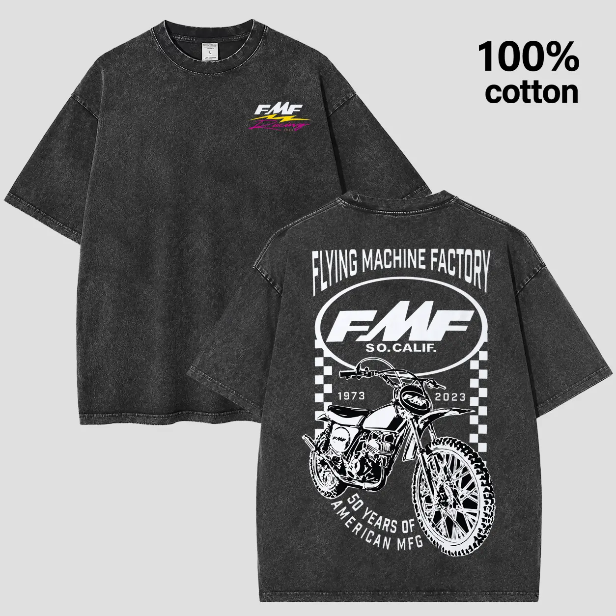 FMF Flying Machine Factory 50th Anniversary Vintage Wash Oversized Tee| Retro Dirt Bike Graphic T-Shirt