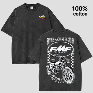 Men's FMF Flying Machine Factory 50th Anniversary Black-Acid Wash Oversized Tshirt - Retro Dirt Bike Graphic, Motocross, Short-Sleeve, Breathable Tee