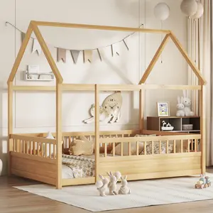 Full Size Floor Bed with Fence, Wood House Bed for Kids, Natural