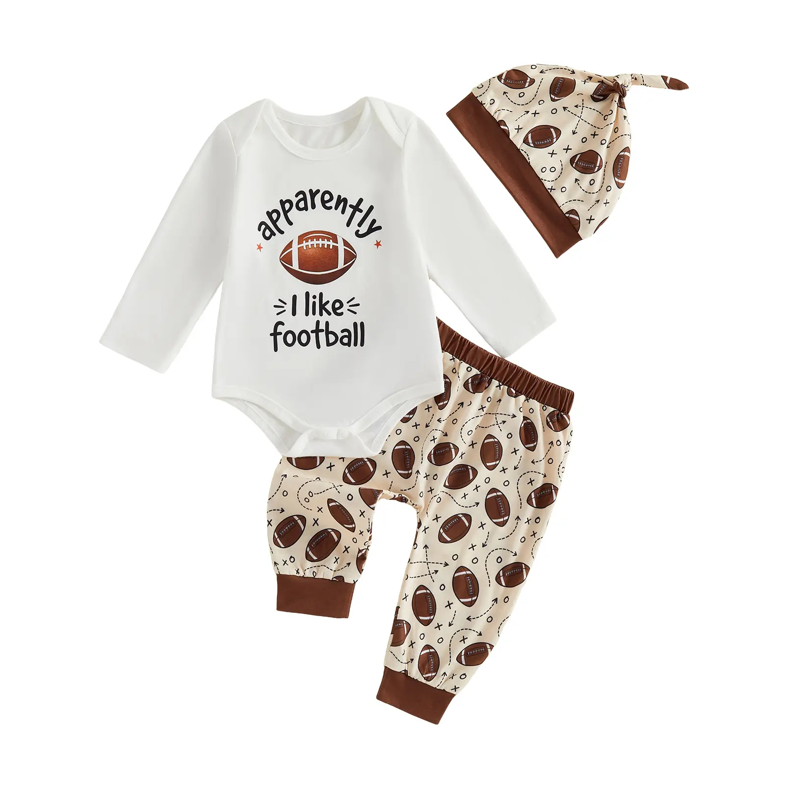 Infant Baby Boy Fall Clothes Set Football Letter Print Long Sleeve Romper and Joggers Pants Hat 3 Pcs Outfits 0-18 Months