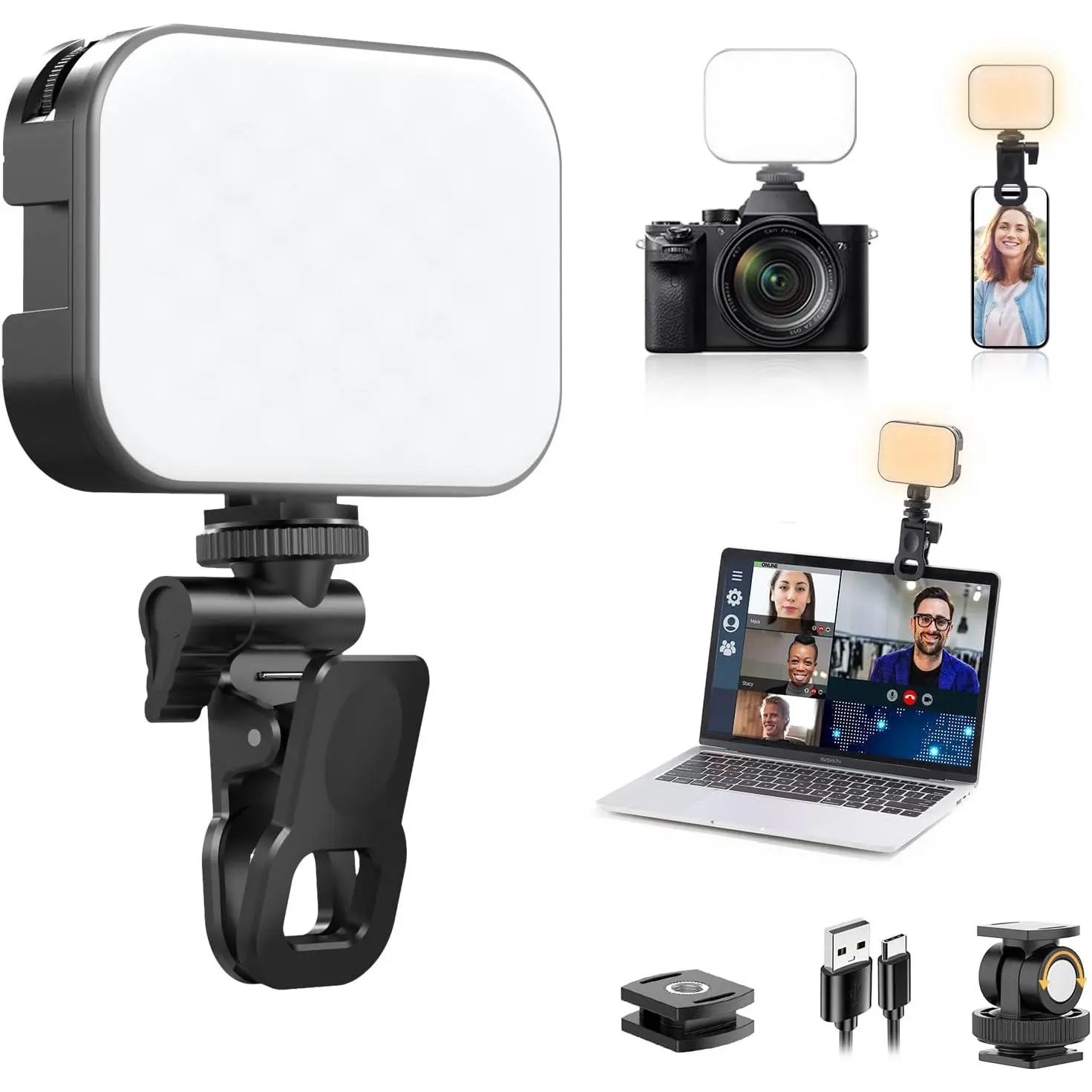 Portable Clip‑On LED Selfie Light Panel, Bi‑Color Dimmable 2500‑6500K Fill Light with 2000mAh Rechargeable Battery, Compatible with Phone Laptop Tablet for Video Conference Photography