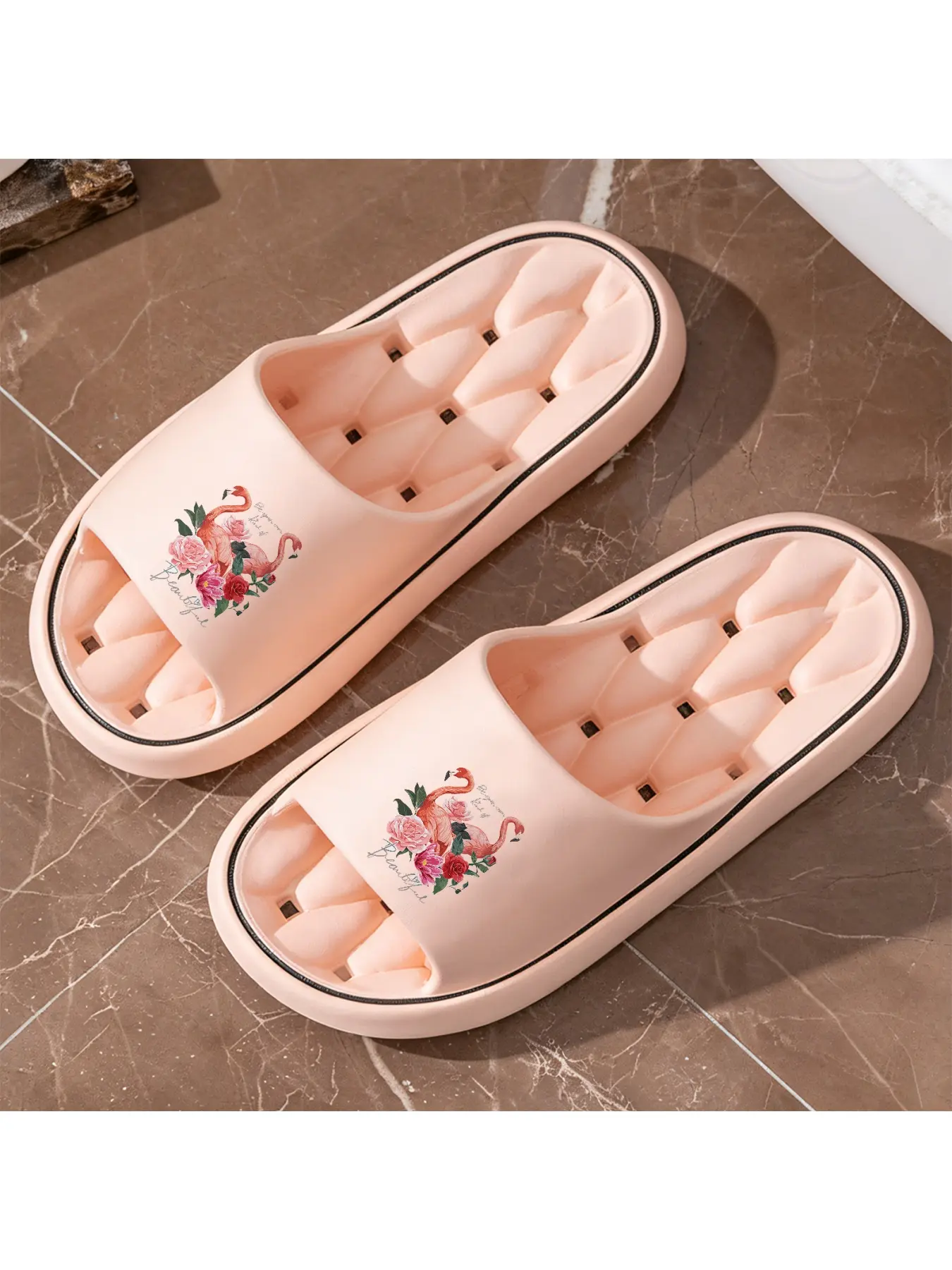 Vintage Flamingo & Roses Print Quick-Dry Hollow Out Slide Slippers, Non-Slip Drainage Bathroom Shower Shoes, Soft Cushioned Home Sandals for Romantic & Floral Style Lovers