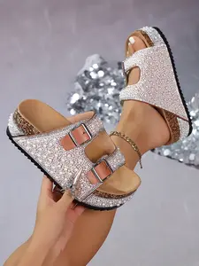 Women's Boho Pearl Thick Sole Sandals, Dual Buckle Outdoor Beach Vacation Shoes, Ethnic Style Colorful Beaded Elevator Slippers