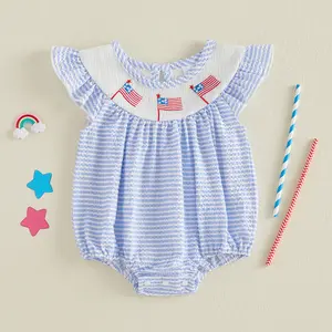 Infant Baby Girl 4th of July Romper Summer Flag Embroidery Striped Fly Sleeves Jumpsuit Newborn Cute Clothes 0-18 Months