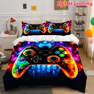 2D Flat 3Pcs Gaming Controller Neon Light Bedding - Cyberpunk Style Colorful Video Game Console Design Duvet Cover (1 + 2 Pillowcases, No Filling) Suitable for Bedroom and Dormitory Room Home Decoration.