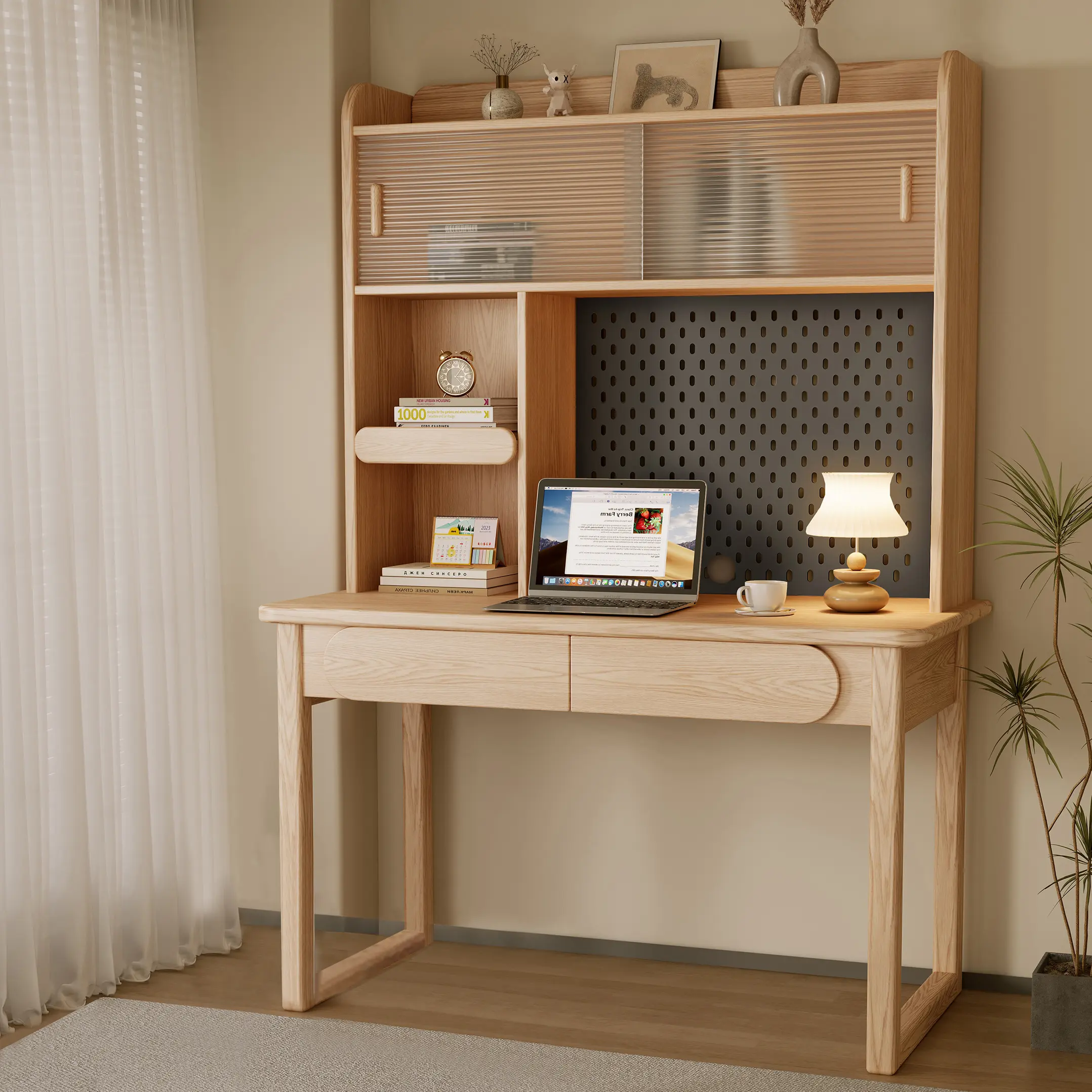 K KELBEL Ash Wood Kids Study Desk - Eco-Friendly  Finish, Spacious Storage Shelves, Modern Minimalist Design, Perfect for Homeschooling,  and Small Spaces