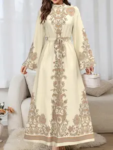 Luxurious Arabic Long Dress, Middle Eastern Style Long Sleeve Evening Gown, Elegant Formal Party Dress with Waistband