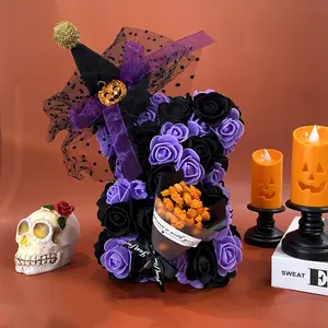 1pc DIY Halloween Themed Creative Handmade Faux Eternal Rose Hugging Bear, Bat, Spider, Witch hat, Pumpkin, Ghost, Bouquet Decoration DIY Artificial Flower Bear, Romantic Gift for Halloween Surprise, Valentine's Day, Wedding Decor, Home Decoration