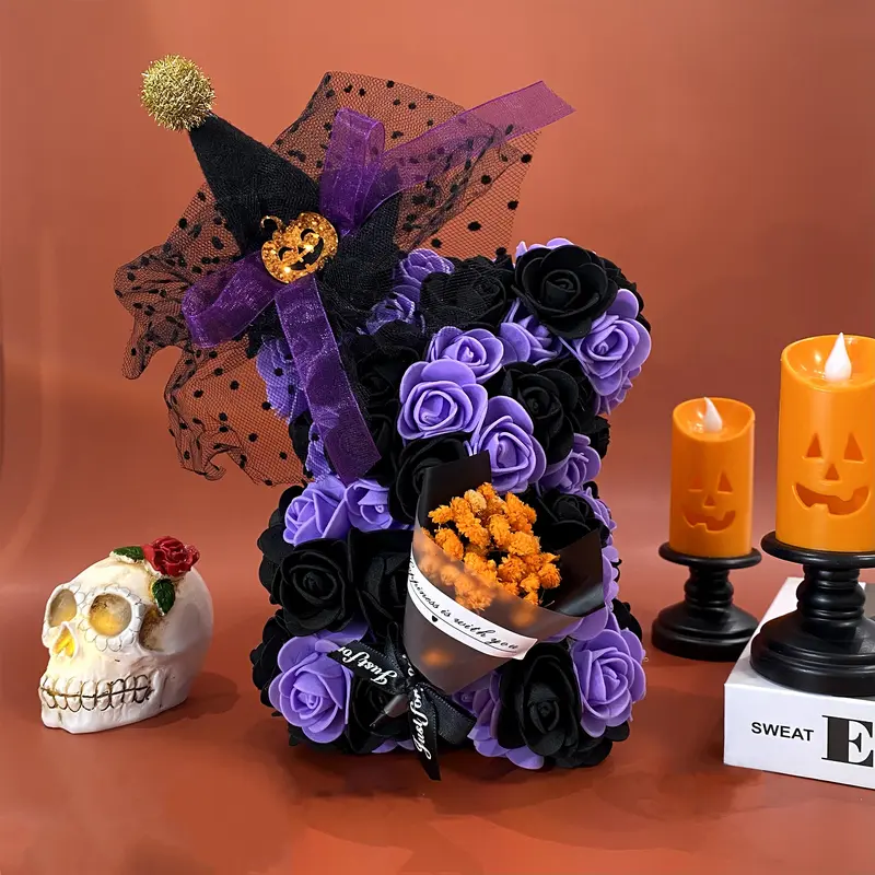 1pc DIY Halloween Themed Spooky Handmade Faux Eternal Rose Hugging Bear, Bat, Spider, Bouquet Decoration DIY Artificial Flower Bear, Decorative Fake Flowers, Romantic Gift for Halloween, Valentine's Day, Wedding & Home Decor