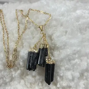 3-Stone Black Tourmaline Tassel Necklace