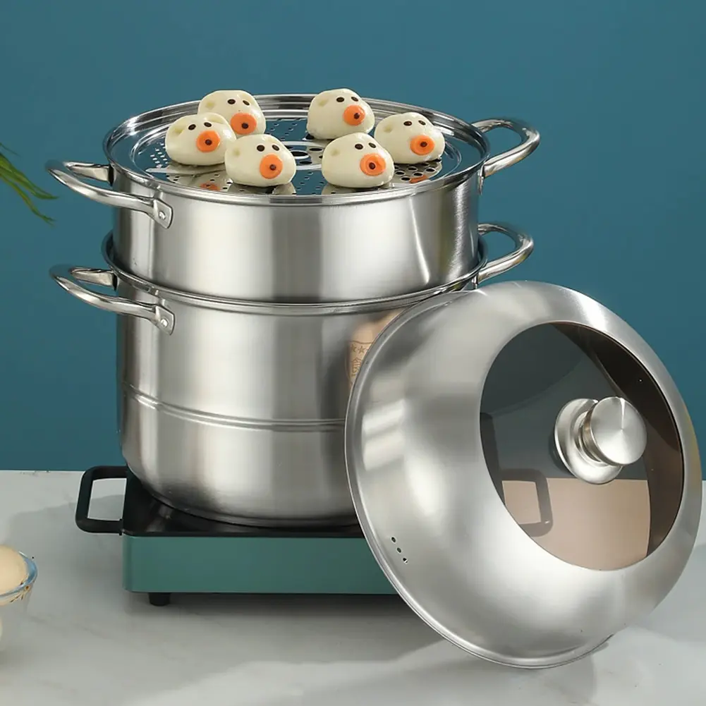 3-Layer Stainless Steel Steamer Pot Set with Tray and Lid, Durable Cooking Equipment, Even-Heating Kitchen Cookware for Home Steaming