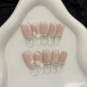 10pcs Handmade Long Oval Nails, Beautiful False Nails, Ice Transparent Cat Eye Zircon Studded, Luxury Summer Nail Art, Suitable for Women