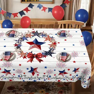 Independence Day Tablecloth, Fourth of July Patriotic Red, White, and Blue Stars and Stripes with Fireworks Design, Holiday Party Decoration for Family Gatherings and Outdoor Parties, Available in Rectangular and Round Sizes