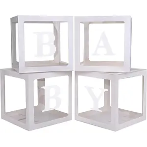 Baby Boxes with 4 PCS Letters for Baby Shower White Clear Balloon Box Blocks Gender Reveal Decorations and Birthday Party (White)