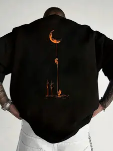 Large Size Men's Moon Astronaut Print T-Shirt, Casual Round Neck Short Sleeve, Summer Top, Fashion Loose Fit