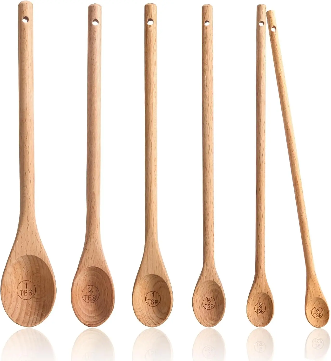 Wooden Measuring Spoons Set of 6, 10 inch, Long Handle