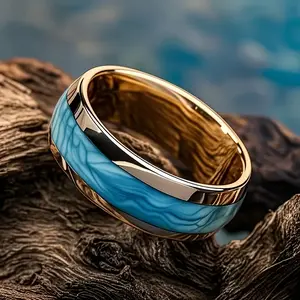 1pc Men'S 8mm 304 304 304 Stainless Steel Ring - Modern Minimalist Jewelry with Turquoise-like Blue-Green Wave Pattern, Durable Everyday & Formal Band for Valentine'S Day, Anniversary, Birthday - Affordable Luxury Gift for Him, Anniversary Present, Contem