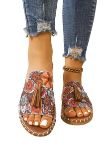Women's Summer Flat Fashion Simple Sandals, Bohemian Trending Sandals, Boho Colorful Pattern, Elegant Comfortable Lightweight Casual Beach Vacation Shoes, Boho Style Sandal