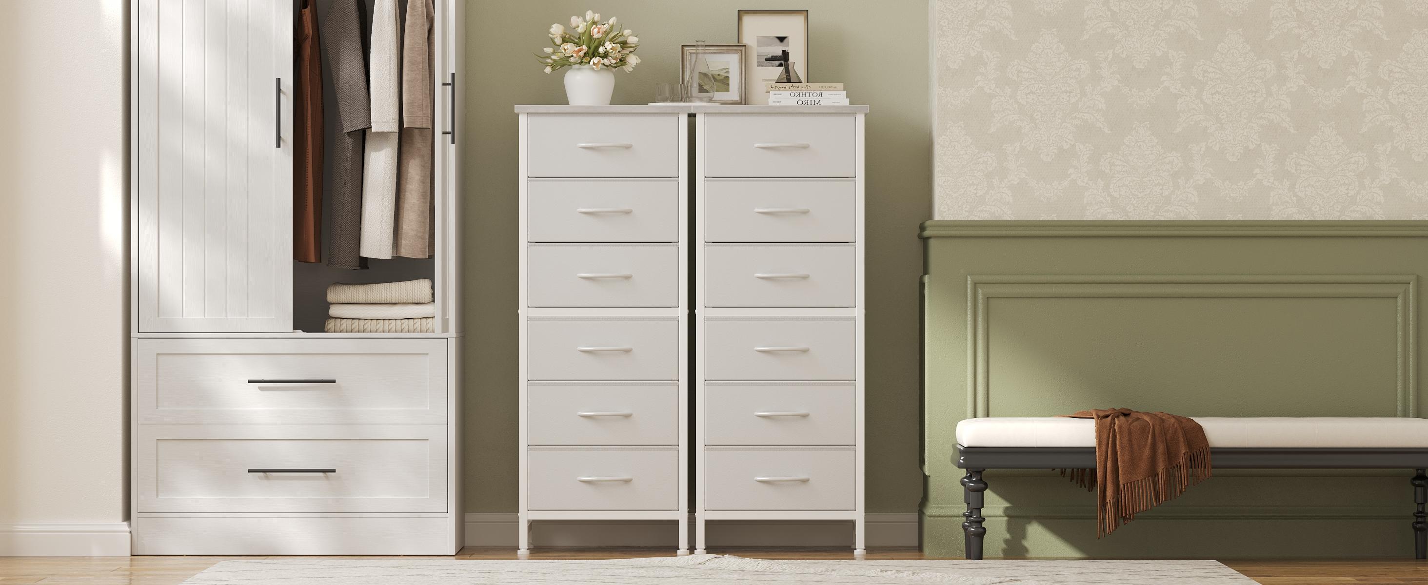 Tall Storage Dresser with 6 Fabric Drawers, Metal Frame with Cross Support Rods, Anti-Tip, Wood Top for Bedrooms, Offices and Compact Spaces Tall Storage Dresser with 6 Fabric Drawers, Metal Frame with Cross Support Rods, Anti-Tip, Wood Top for Bedrooms, Offices and Compact Spaces