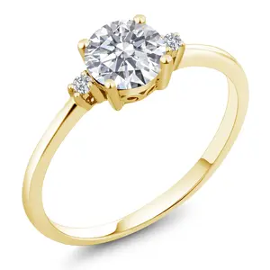 Gem Stone King 10K Yellow Gold Lab Grown Diamond 3-Stone Engagement Ring For Women | 0.77 Cttw | Round 6MM and 1.5MM | Gemstone Birthstone | E-F Color | VVS-VS Clarity