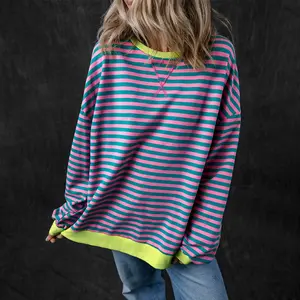 Green Stripe Oversized Contrast Trim Pullover Sweatshirt