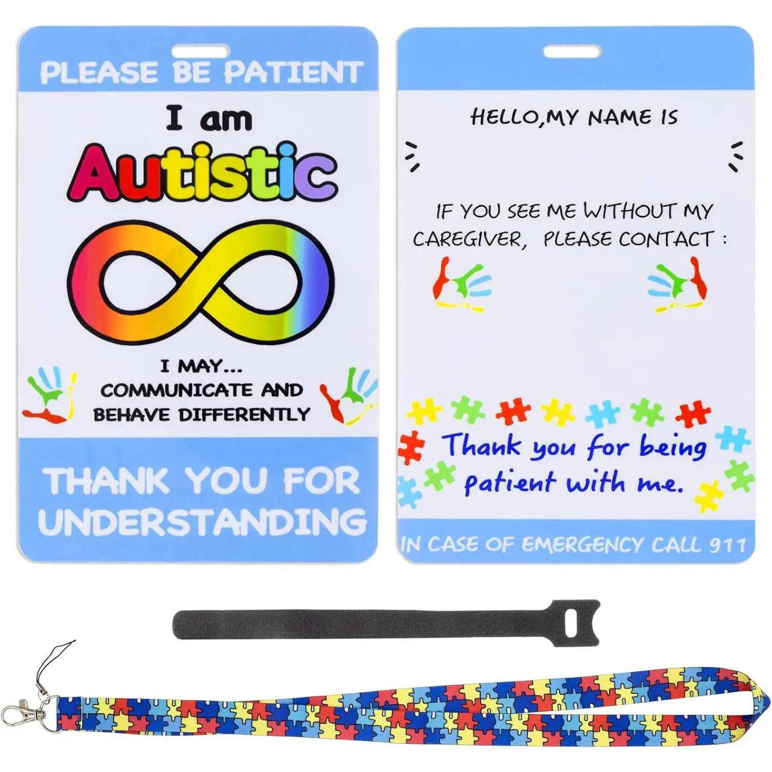 2 Pack  Safety Tag, Necklace Custom Text Alert Card with Writable Panel and Patterned Lanyard, Hook and Loop Closure