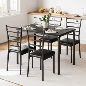 Modern 5-Piece Dining Table Set for 4 – Rectangular Glass Tabletop with 4 Upholstered PU Leather Chairs – Compact Kitchen & Dining Furniture – Space-Saving Metal Steel Frame – Perfect for Apartment, Living Room, Workspace