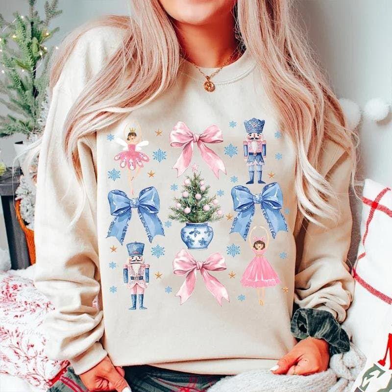 Coquette Nutcracker Christmas T-Shirt - Preppy Pink Christmas Tree Sweatshirt, Holiday Vibes Clothing, Unisex Cotton Crewneck