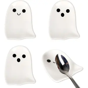 4Pcs 2.8inch Mini Ceramic Spoon Rests White Ghost Small Coffee Spoon Holder for Halloween Coffee Stirrers Teaspoon Bar Spoon Coffee Station Bar Accessories