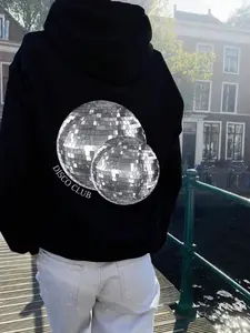Women's Disco Ball Print Drop Shoulder Hoodie, Fashion Casual Drawstring Pocket Hooded Sweatshirt for Daily Holiday Outdoor Wear, Women Clothing for Fall & Winter