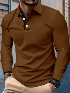 Men's Contrast Binding Long Sleeve Knitted Plain Textured Polo Shirt, Slim Fit Fitted Casual Top, Spring & Fall Fashion Plain Collared Blouse, Business & Leisure Wear, Menswear